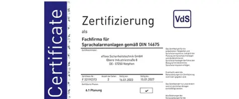 effexx VdS Zertifikat Fachfirma fuer SAA gemaess DIN 14675 gueltig bis 15 01 2027