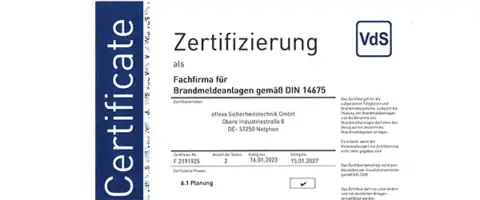 effexx VdS Zertifikat Fachfirma fuer BMA gemaess DIN 14675 NL Siegen gueltig bis 15 01 2027