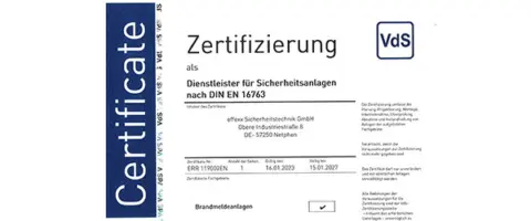 effexx VdS Zertifikat Dienstleister fuer Sicherheitsanlagen nach DIN EN 16763 NL Siegen gueltig bis 15 01 2027