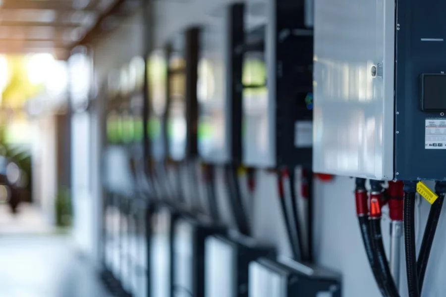 Viele Energiespeicher an einer Wand einer Garage mit Elektroanschluss.